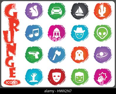 Set of movie genres black icons isolated on white. Vector illustration in grunge style Stock Vector