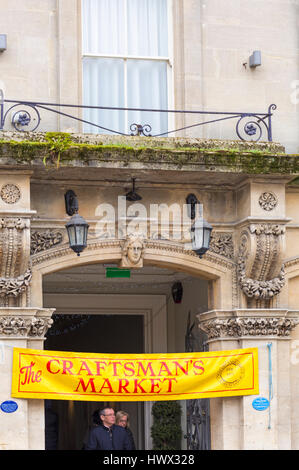 Cirencester - The Craftsmans Market banner at The Corn Hall, Market Place, Cirencester, Gloucestershire in March Stock Photo