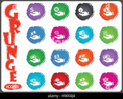 Hand and money icon set for web sites and user interface in grunge style Stock Vector