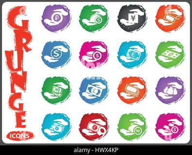 Hand and money icon set for web sites and user interface in grunge style Stock Vector