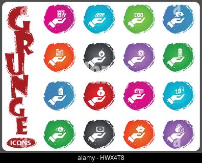 Hand and money icon set for web sites and user interface in grunge style Stock Vector