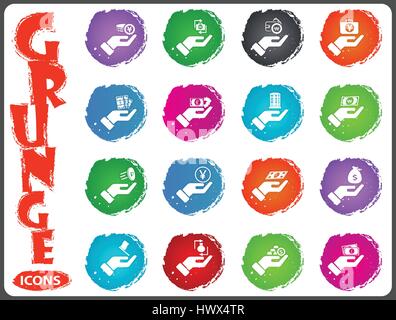 Hand and money icon set for web sites and user interface in grunge style Stock Vector