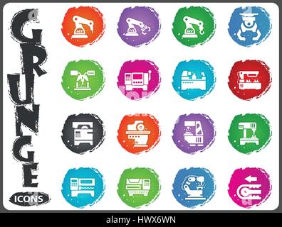 Vector machine tool icons set. Work and factory, production industrial technology, equipment construction illustration Stock Vector