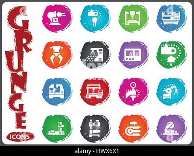 Vector machine tool icons set. Work and factory, production industrial technology, equipment construction illustration Stock Vector