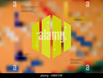 Illustration infographic template with motif of hexagon vertically divided to four green standalone sections. Blurred photo with ludo board game motif Stock Vector