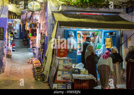 Chefchaouen, Morocco.  Neighborhood Sundries Shop in the Medina at Night. Stock Photo