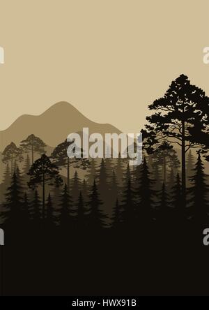 Mountain with pine trees and landscape black on white background. Hand ...