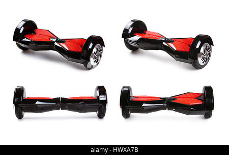 Electric mini hover board isolated on white background. Eco city transportation on battery power, produce no air pollution to atmosphere. Clean green  Stock Photo