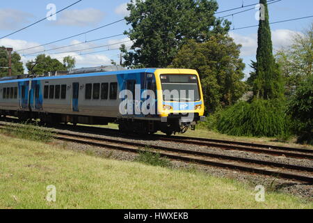 Metro Train city bound from Belgrave to Melbourne mid afternoon, Melbourne, Australia. Stock Photo