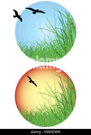 landscape icon with birds flying and shaped in circle Stock Vector