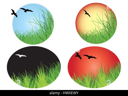 landscape icon with birds flying and shaped in circle and oval Stock Vector