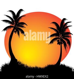 two coconut palm trees with the moon in the background Stock Vector