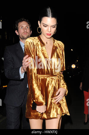 Kendall Jenner enjoys a late dinner at Busaba restaurant. She wore a stunning gold dress for the outing  Featuring: Kendall Jenner Where: London, United Kingdom When: 20 Feb 2017 Stock Photo