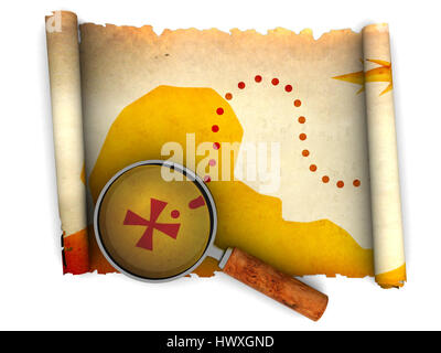 3d illustration of an ancient treasure map and magnify glass Stock Photo