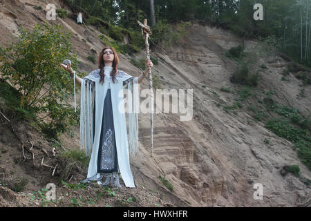 Shaman with Staff and glass ball outdoor Stock Photo