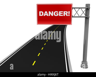 3d illustration of asphalt road with red danger sign Stock Photo