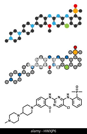 Brigatinib cancer drug molecule. Conventional skeletal formula and stylized representations. Stock Vector