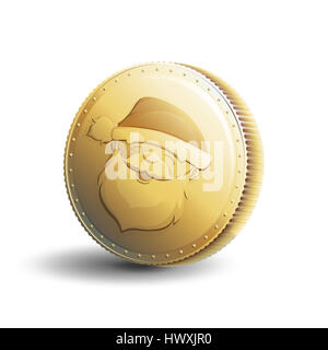 Gold coin with Santa Claus face. Christmas money isolated on white background. Stock Photo
