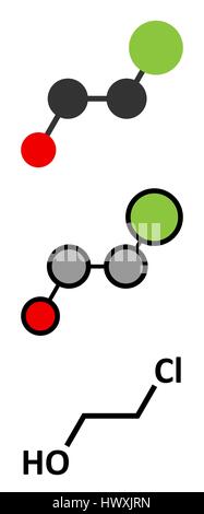 Ethylene chlorohydrin molecule. Side product formed during ethylene oxide sterilization. Conventional skeletal formula and stylized representations. Stock Vector