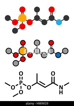 Monocrotophos organophosphate insecticide molecule. Also known to be persistent organic pollutant. Stylized 2D renderings and conventional skeletal fo Stock Vector