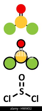 Thionyl chloride (SOCl2) chemical reagent molecule. Stylized 2D renderings and conventional skeletal formula. Stock Vector