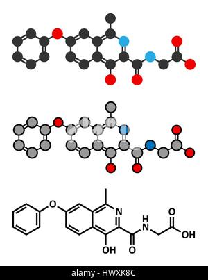 Roxadustat drug molecule. Inhibitor of hypoxia-inducible factor prolyl hydroxylase that is in development (2016) for treatment of anemia in chronic ki Stock Vector