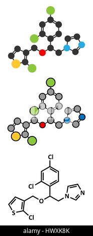 Tioconazole antifungal drug molecule. Stylized 2D renderings and conventional skeletal formula. Stock Vector