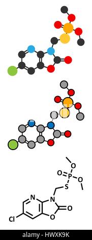 Azamethiphos pesticide molecule. Used in flypaper, veterinary medicine, etc. Stylized 2D renderings and conventional skeletal formula. Stock Vector