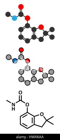 Carbofuran carbamate pesticide molecule. Insecticide that is also highly toxic to humans and wildlife. Stylized 2D renderings and conventional skeleta Stock Vector