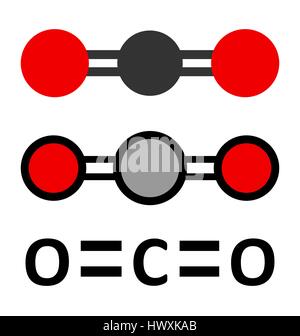 Carbon dioxide (CO2) molecule. Greenhouse gas. Stylized 2D renderings and conventional skeletal formula. Stock Vector