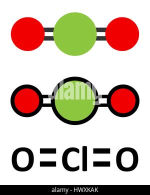 Chlorine dioxide (ClO2) molecule. Used in pulp bleaching and for disinfection of drinking water. Stylized 2D renderings and conventional skeletal form Stock Vector