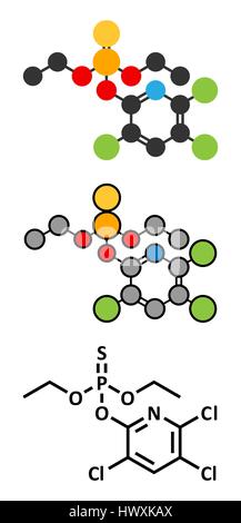 Chlorpyrifos organophosphate pesticide molecule. Toxic and carcinogenic. Mainly used in agriculture. Stylized 2D renderings and conventional skeletal  Stock Vector