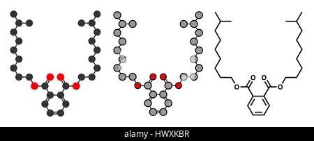 Diisononyl phthalate (DINP) plasticizer molecule. Stylized 2D renderings and conventional skeletal formula. Stock Vector