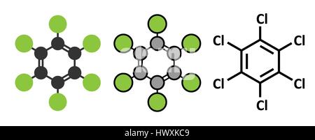 Hexachlorobenzene (perchlorobenzene, HCB) banned fungicide molecule. Persistent Organic Pollutant and probable human carcinogen. Stylized 2D rendering Stock Vector