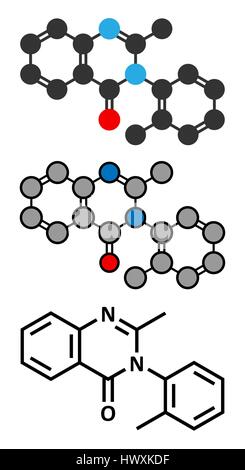 Methaqualone recreational drug molecule. Stylized 2D renderings and conventional skeletal formula. Stock Vector