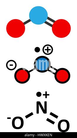 Nitrogen dioxide (NO2) air pollution molecule. Free radical compound, also known as NOx. Stylized 2D renderings and conventional skeletal formula. Stock Vector