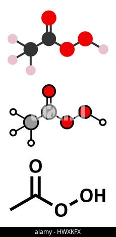 Peracetic acid (peroxyacetic acid, paa) disinfectant molecule. Organic peroxide commonly used as antimicrobial agent. Stylized 2D renderings and conve Stock Vector