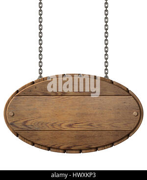 Vintage wood signboard for restaurant hanging on chains isolated 3d illustration Stock Photo