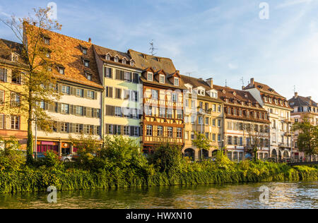 Traditional Alsatian buildings over the Ill river in Strasbourg Stock Photo