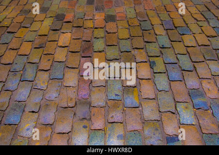 Colorful cobblestone road pavement, background photo  texture Stock Photo