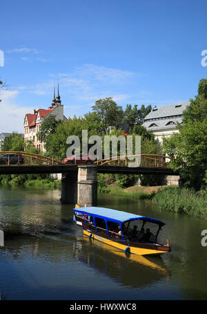 Tourist cruise boat on Muehlgraben Mlynowka, Opole, Silesia, Poland, Europe Stock Photo
