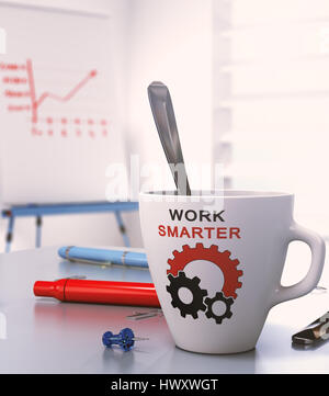 Workplace with flipchart and a mug where it is written work smarter, 3D illustration. Stock Photo