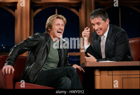 Actor Denis Leary, left, chats with host Craig Ferguson about his book during a segment of the 'Late Late Show with Craig  Ferguson' at CBS Television City in Los Angeles, California on October 28, 2009. Photo by Francis Specker Stock Photo