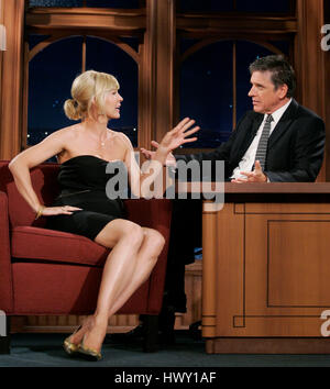 Actress Jenna Elfman, left, chats with host Craig Ferguson during a segment of the 'Late Late Show with Craig  Ferguson' at CBS Television City in Los Angeles, California on September 30, 2009. Photo by Francis Specker Stock Photo