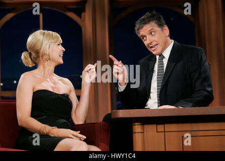 Actress Jenna Elfman, left, chats with host Craig Ferguson during a segment of the 'Late Late Show with Craig  Ferguson' at CBS Television City in Los Angeles, California on September 30, 2009. Photo by Francis Specker Stock Photo