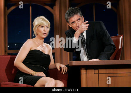 Actress Jenna Elfman, left, chats with host Craig Ferguson during a segment of the 'Late Late Show with Craig  Ferguson' at CBS Television City in Los Angeles, California on September 30, 2009. Photo by Francis Specker Stock Photo