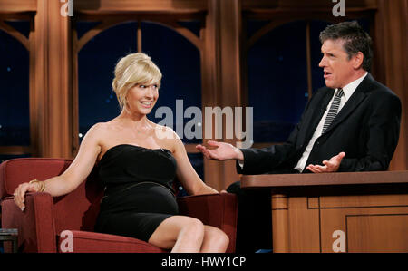 Actress Jenna Elfman, left, chats with host Craig Ferguson during a segment of the 'Late Late Show with Craig  Ferguson' at CBS Television City in Los Angeles, California on September 30, 2009. Photo by Francis Specker Stock Photo