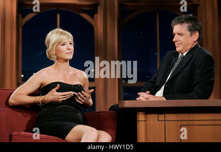 Actress Jenna Elfman, left, chats with host Craig Ferguson during a segment of the 'Late Late Show with Craig  Ferguson' at CBS Television City in Los Angeles, California on September 30, 2009. Photo by Francis Specker Stock Photo