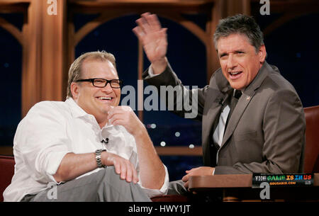 Drew Carey, left, chats with host Craig Ferguson during a segment of the 'Late Late Show with Craig  Ferguson' at CBS Television City in Los Angeles, California on September 10, 2009. Photo by Francis Specker Stock Photo