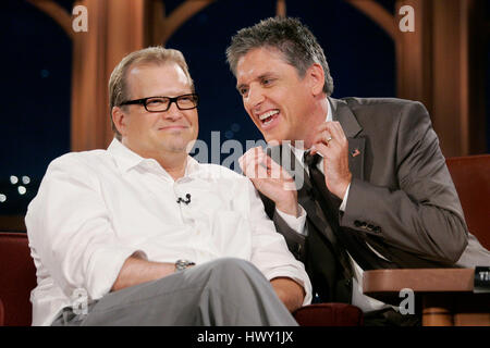 Drew Carey, left, chats with host Craig Ferguson during a segment of the 'Late Late Show with Craig  Ferguson' at CBS Television City in Los Angeles, California on September 10, 2009. Photo by Francis Specker Stock Photo